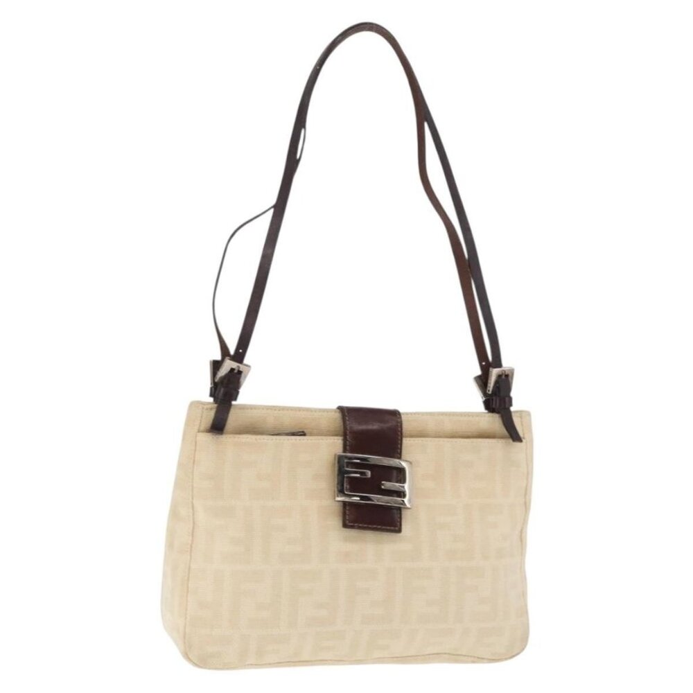 Authentic FENDI Zucca Canvas Shoulder Bag Ivory Silver
